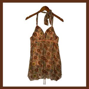 Jordache Y2K Floral Halter Dress Empire Waist Juniors XL Fairycore Boho